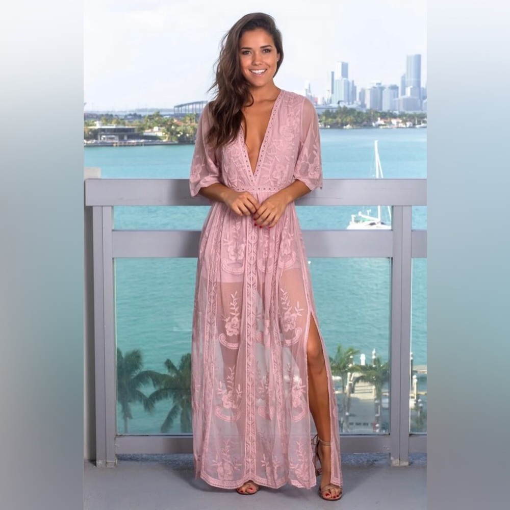 Honey Punch Mauve Lace Maxi Dress